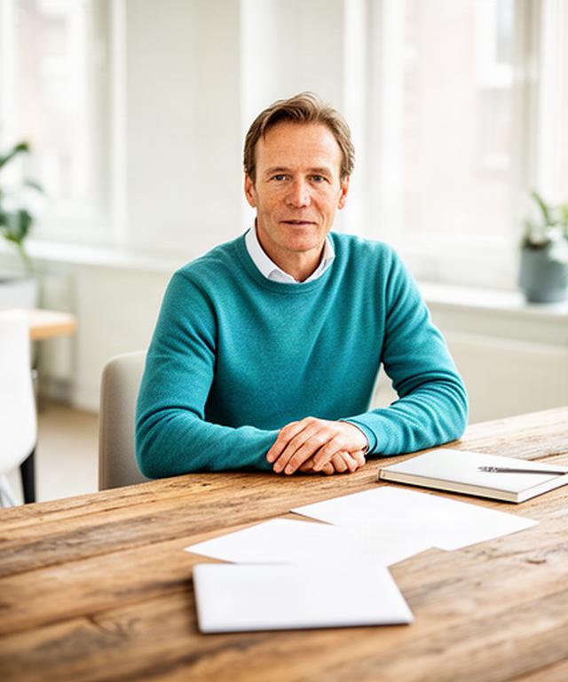 Bedrijfsadviseur aan een houten tafel in een lichte werkruimte in Lochem